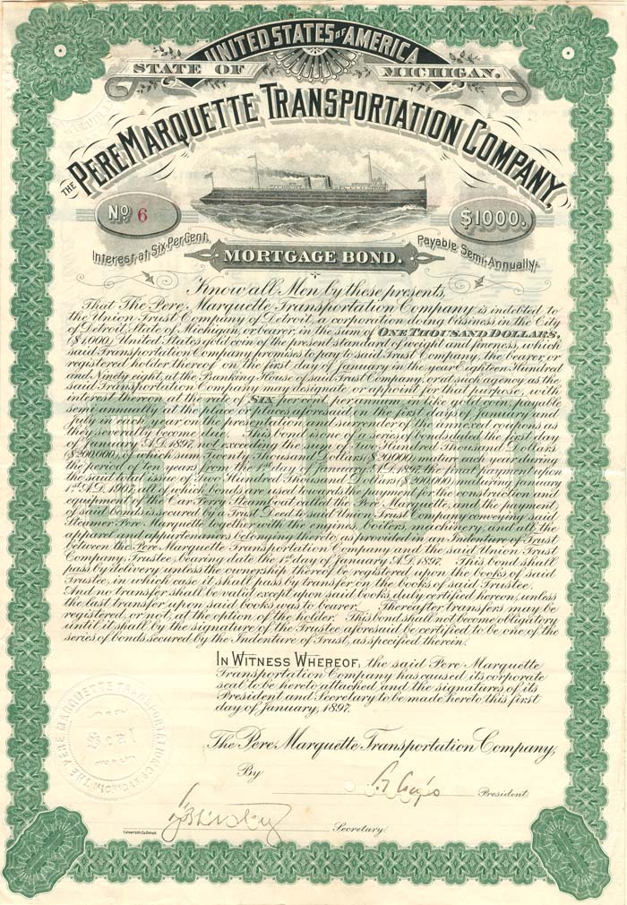Pere Marquette Transportation Co. - $1,000 Bond